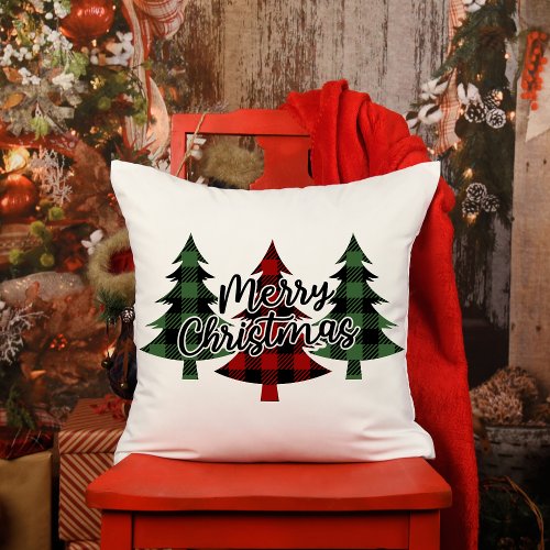 Buffalo Plaid Merry Christmas Trees Holiday Throw Pillow