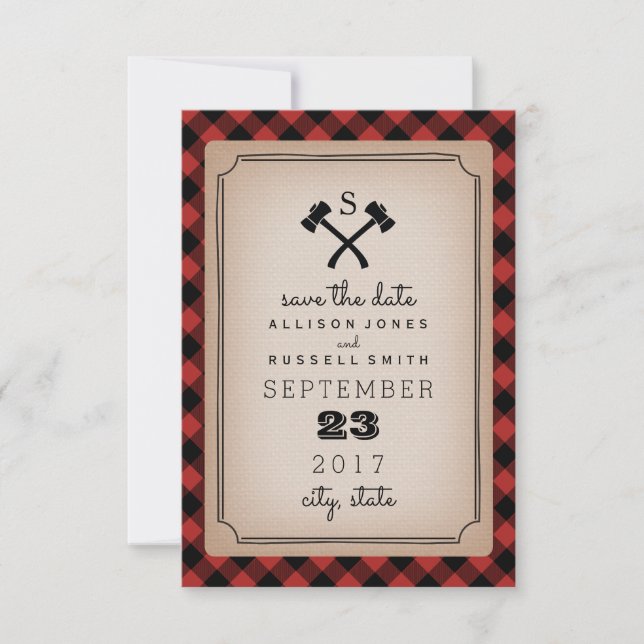 Buffalo Plaid Monogram Axe Save The Date (Front)