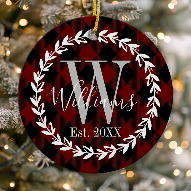 Buffalo Plaid Monogram Name Family Christmas Ceramic Ornament (Creator Uploaded)