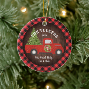 Buffalo Plaid Monogram Photo Vintage Red Truck Ceramic Ornament