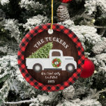 Buffalo Plaid Monogram Photo Vintage White Truck Ceramic Ornament<br><div class="desc">This personalized keepsake design features our vintage which truck carrying a Christmas tree with space for text and a photo, all on a warm buffalo plaid background. The collection of coordinating products is available in our shop, zazzle.com/store/doodlelulu. Contact us if you need this design applied to a specific product to...</div>