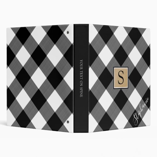 Buffalo Plaid Monogram Script Name Black White 3 Ring Binder