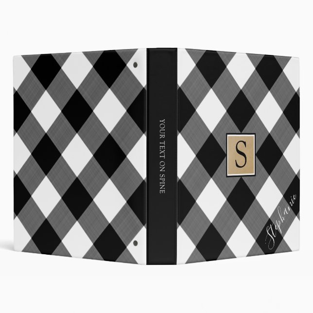 Buffalo Plaid Monogram Script Name Black White 3 Ring Binder (Background)