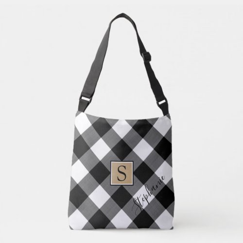 Buffalo Plaid Monogram Script Name Black White Crossbody Bag