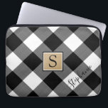 Buffalo Plaid Monogram Script Name Black White Laptop Sleeve<br><div class="desc">Rustic black and white buffalo check laptop sleeve with monogram on center brown square with white and black borders. Personalize further with a name or other custom text in the lower right corner in an editable modern handwritten script font (or delete the sample text to leave the area blank). CHANGES:...</div>