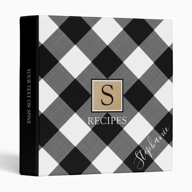 Buffalo Plaid Monogram Script RECIPE Black White 3 Ring Binder (Front/Spine)