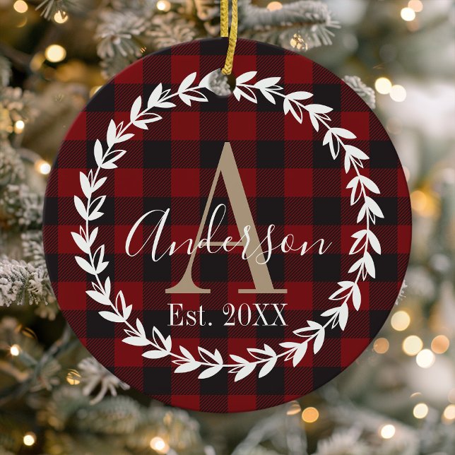 Buffalo Plaid Monogram Wreath Family Christmas Ceramic Ornament (Creator Uploaded)