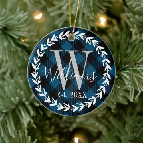 Buffalo Plaid Monogram Wreath Family Christmas Ceramic Ornament