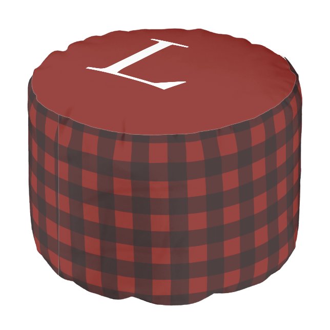 Buffalo Plaid Monogramed Pouf (Angled Back)