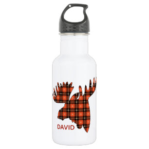 Buffalo Plaid Moose Head Silhouette Stainless Steel Water Bottle