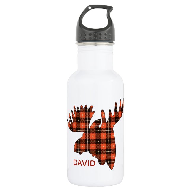 Buffalo Plaid Moose Head Silhouette Stainless Steel Water Bottle (Front)