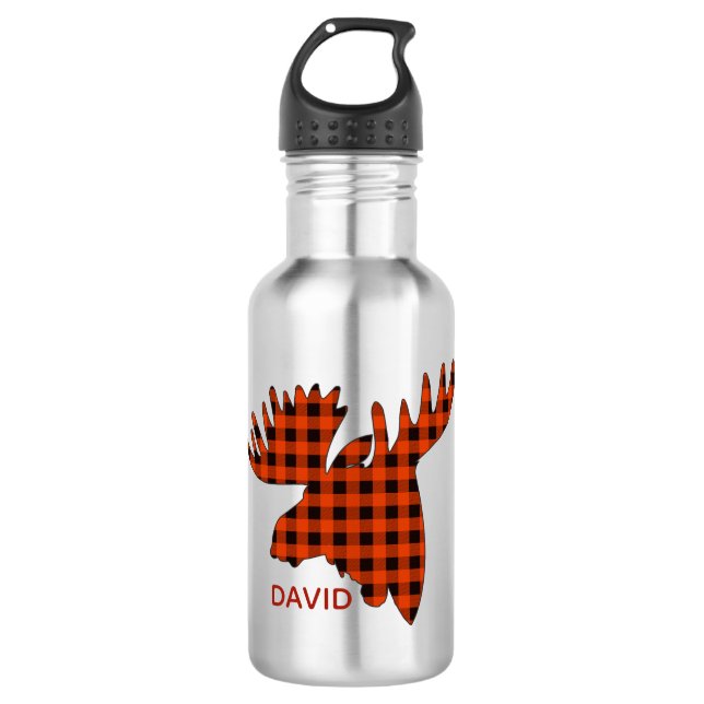 Buffalo Plaid Moose Head Silhouette Stainless Steel Water Bottle (Front)