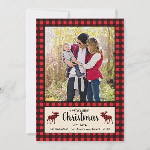 Buffalo Plaid  Moose Rustic Christmas Photo Card