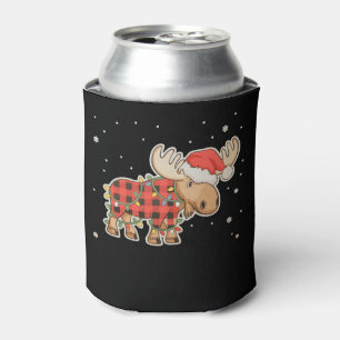 Buffalo Plaid Moose Santa Hat Christmas Tree Light Can Cooler