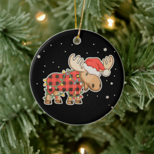 Buffalo Plaid Moose Santa Hat Christmas Tree Light Ceramic Ornament
