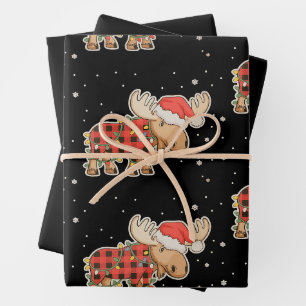 Buffalo Plaid Moose Santa Hat Christmas Tree Light Wrapping Paper Sheets