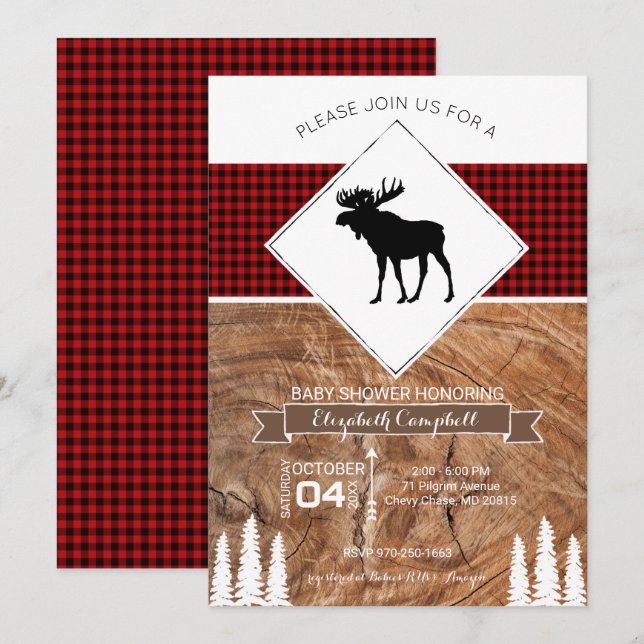 Buffalo Plaid Moose Themed Baby Shower Invitation (Front/Back)
