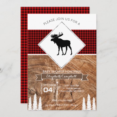 Buffalo Plaid Moose Themed Baby Shower Invitation