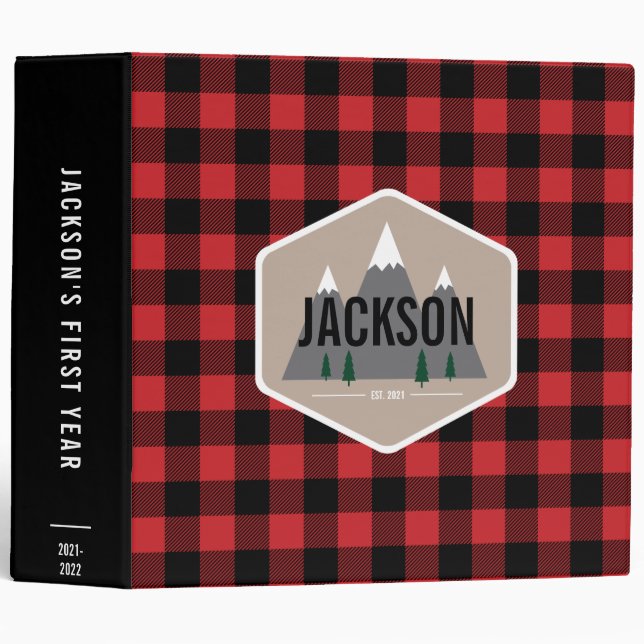 Buffalo Plaid Mountains Baby Photo Album 3 Ring Binder (Front/Spine)