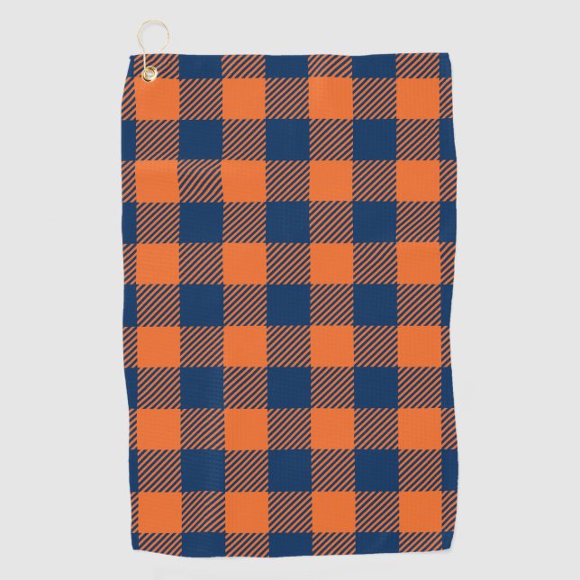 Buffalo Plaid - Navy Blue & Orange Golf Towel (Front)