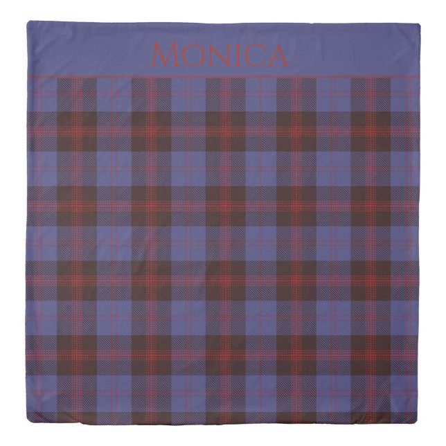 Buffalo plaid navy blue red monogram name duvet cover (Front)