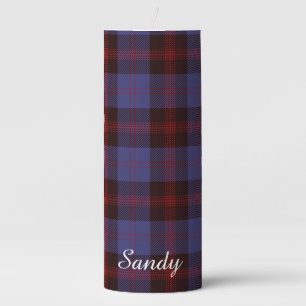 Buffalo plaid navy blue red monogram name pillar candle