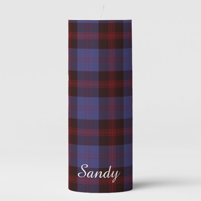 Buffalo plaid navy blue red monogram name pillar candle (Front)