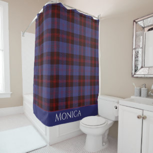 Buffalo plaid navy blue red monogram name shower curtain