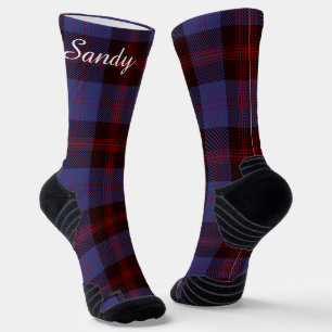 Buffalo plaid navy blue red monogram name socks