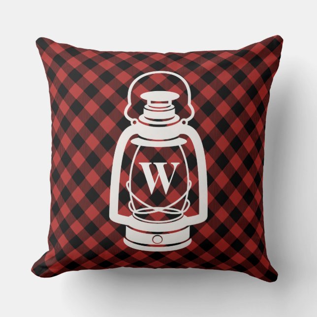 Buffalo Plaid Oil Lantern Monogram Throw Pillow (Front)