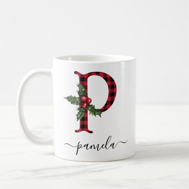 Buffalo Plaid P Monogram Christmas Coffee Mug (Left)