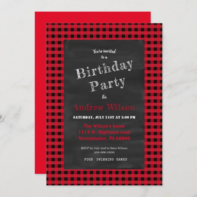 Buffalo plaid party invitation (Front/Back)
