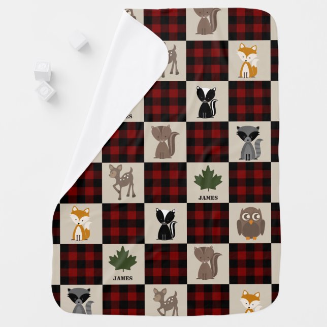 Buffalo Plaid Patchwork Inspired Woodland Animals Baby Blanket (In Situ)