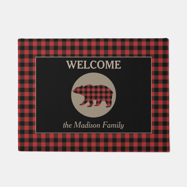 Buffalo Plaid Pattern Bear Welcome Doormat (Front)