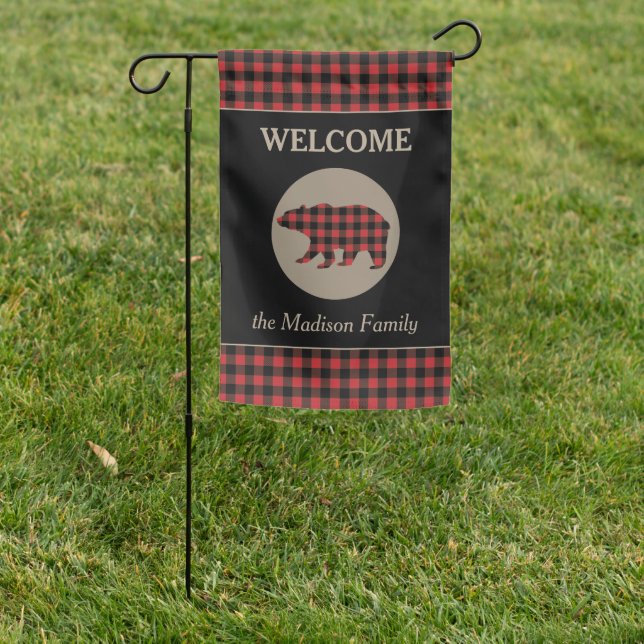 Buffalo Plaid Pattern Bear Welcome Garden Flag (In SItu)