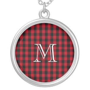 Buffalo Plaid Pattern in Red and Black Monogram Silver Plated Necklace