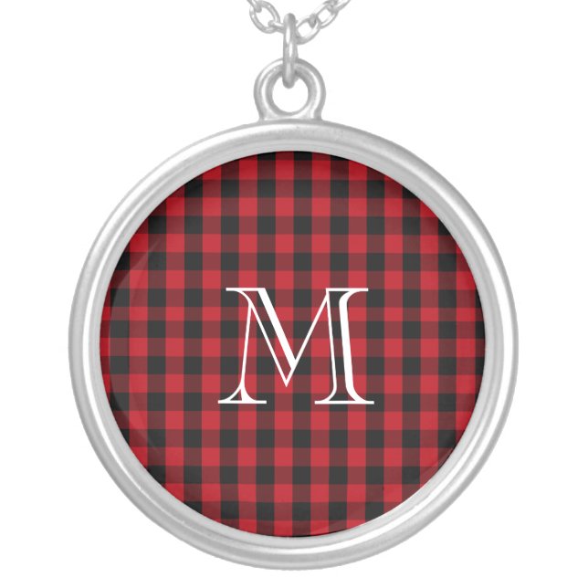 Buffalo Plaid Pattern in Red and Black Monogram Silver Plated Necklace (Front)