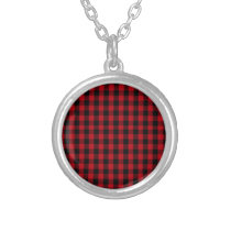 Buffalo Plaid Pattern in Red and Black Silver Plated Necklace