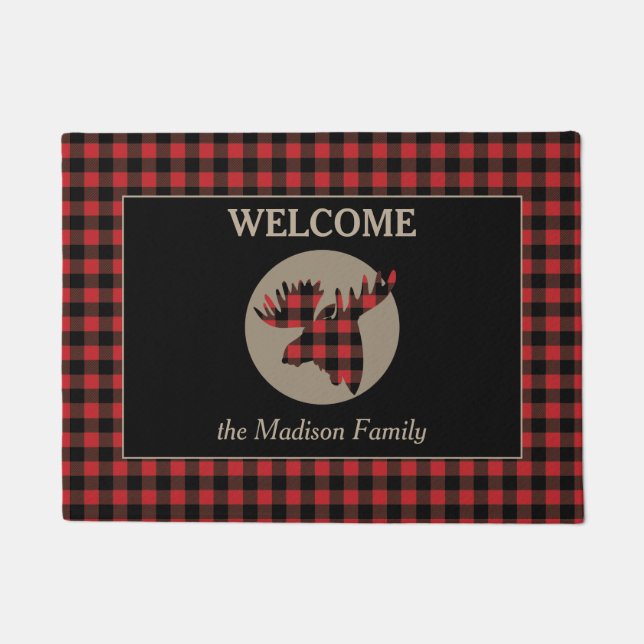 Buffalo Plaid Pattern Moose Welcome Doormat (Front)
