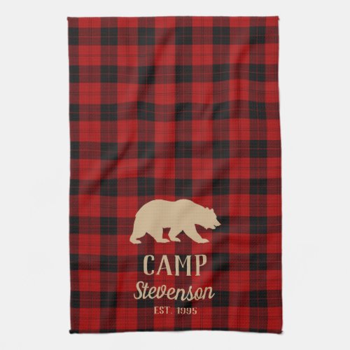 Buffalo Plaid Pattern Rustic Bear Family Camp Kitchen Towel