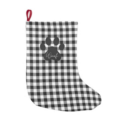 Buffalo Plaid Paw Print Black White WOOF Classic Small Christmas Stocking