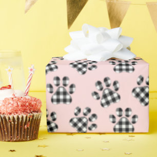 Buffalo Plaid Paw Prints On Pink Wrapping Paper