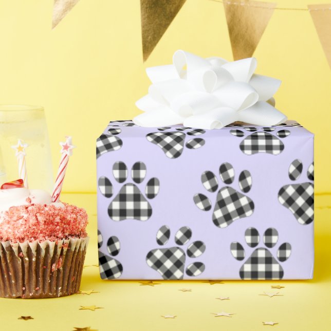Buffalo Plaid Paw Prints On Purple Wrapping Paper (Birthday Party)