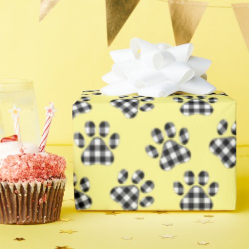 Buffalo Plaid Paw Prints On Yellow Wrapping Paper