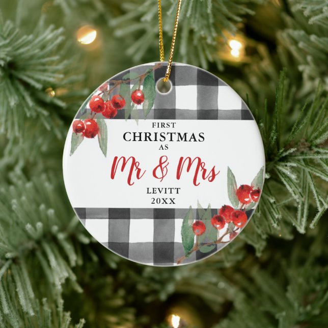 Buffalo Plaid Personalized 1st Christmas Mr & Mrs Ceramic Ornament (Tree)