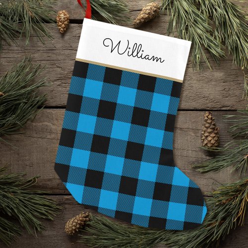 Buffalo Plaid Personalized Name Blue Black Small Christmas Stocking