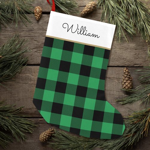 Buffalo Plaid Personalized Name Green Black Small Christmas Stocking