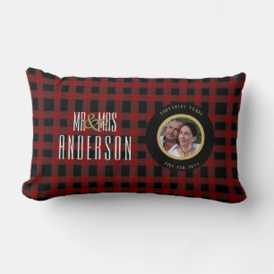 Buffalo Plaid PHOTO Anniversary ANY Milestone RED Lumbar Pillow