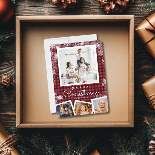 Buffalo Plaid Photo Collage Snowflake Christmas Holiday Card