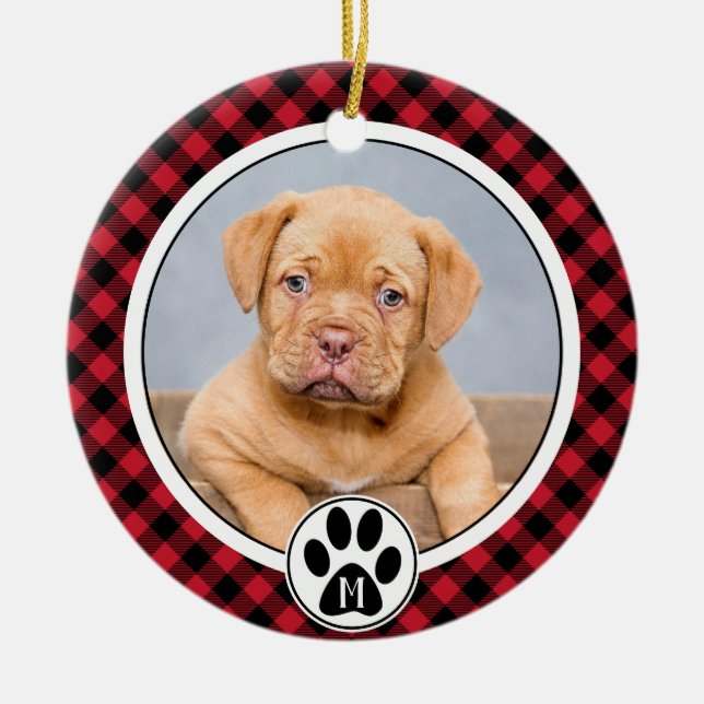 Buffalo Plaid Photo Monogram Pet Christmas  Ceramic Ornament (Front)